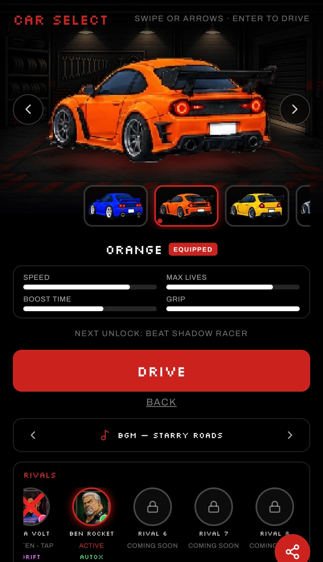 Track Trial car selection screen with an orange car and performance ratings